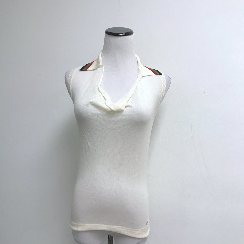 Roberta di Camerino silk cotton sleeveless drape neck polo cream navy 40 NWT